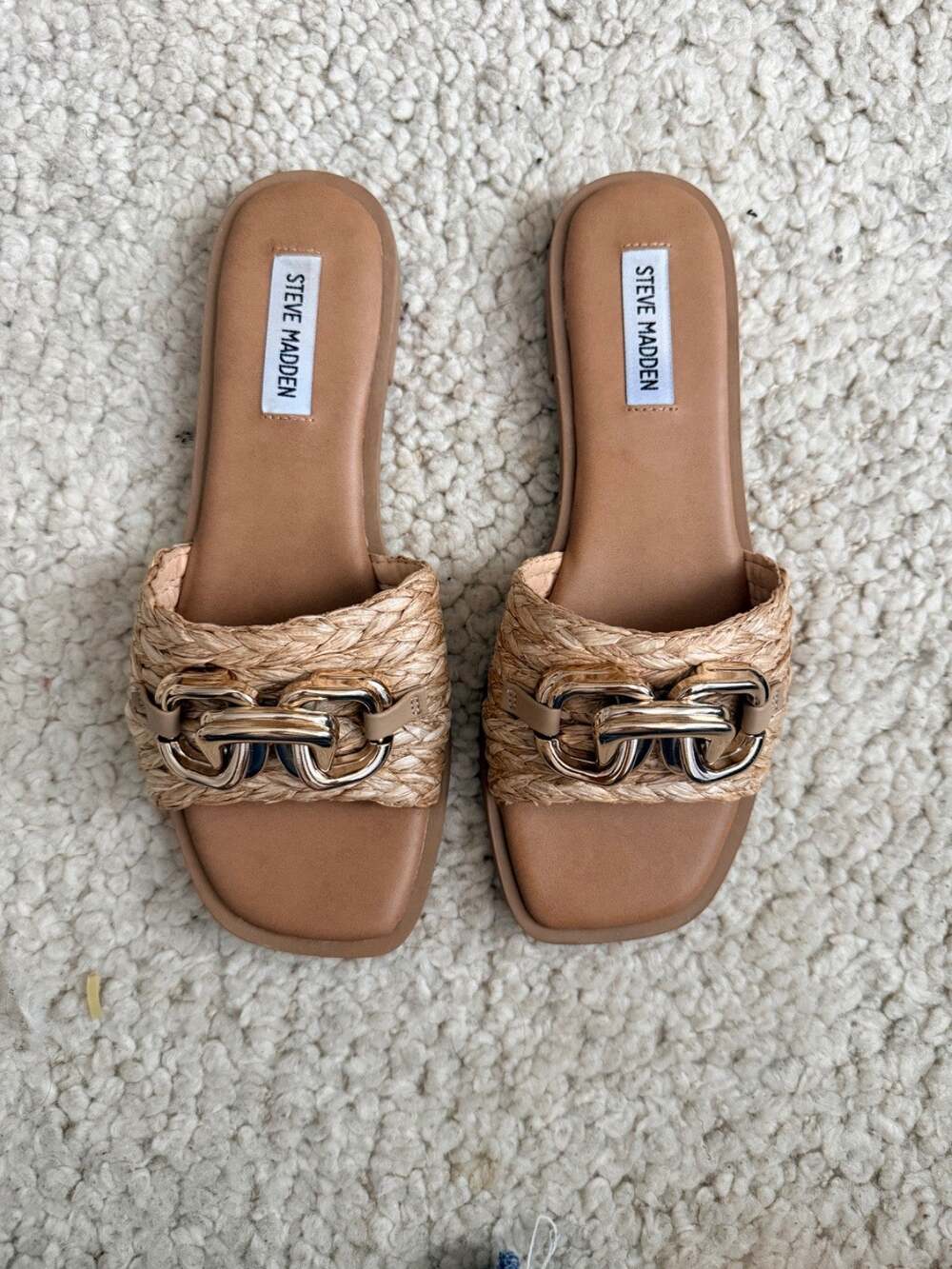 Steve Madden Gene Raffia Slide Sandals Women's 8 Tan Gold Chain Flat Square Toe